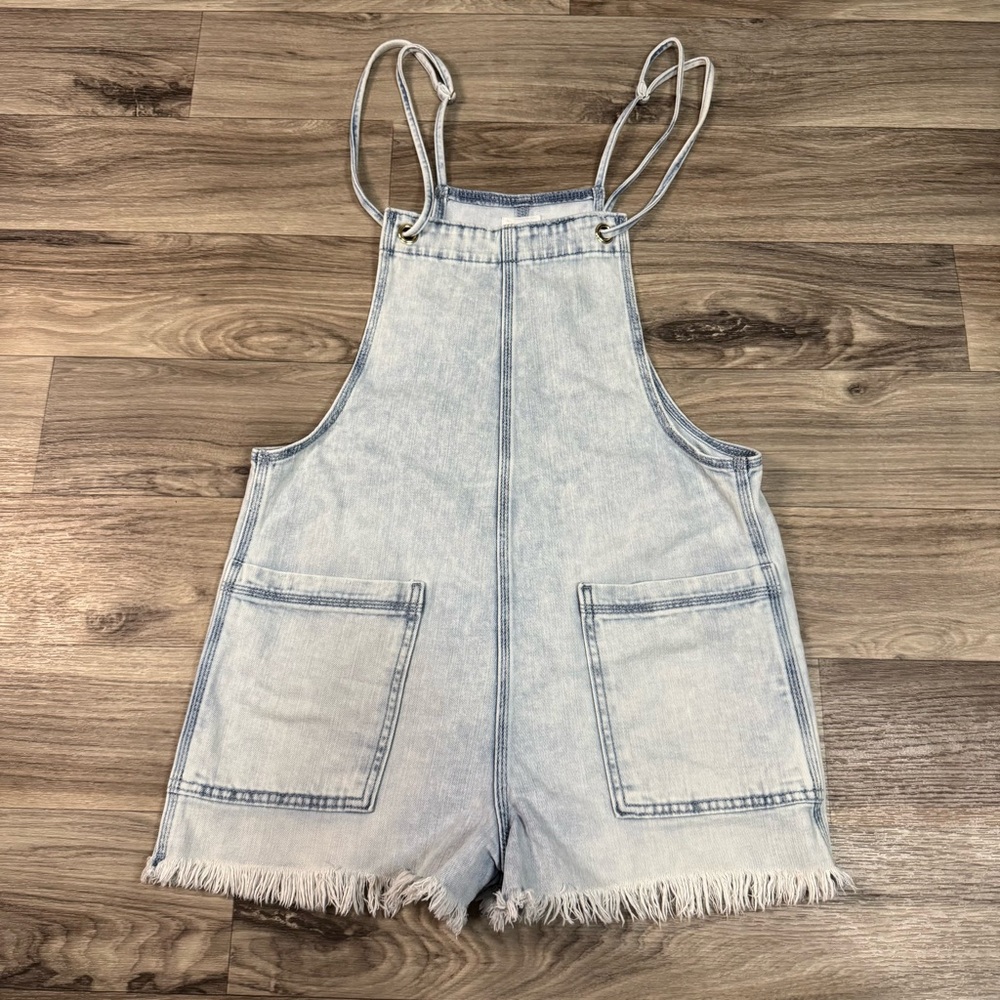 Aerie Double Strap Washed Frayed Hem Pocket Romper Shortall Overalls Size Small